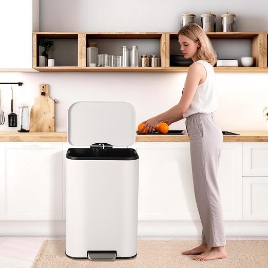 Takywep Stainless Steel Fingerprint Proof Soft Close Recycling Trash Can with Foot Pedal & Removable Inner Bucket, Rectangular Waste Bin for Kitchen Home Office Bathroom Restaurant