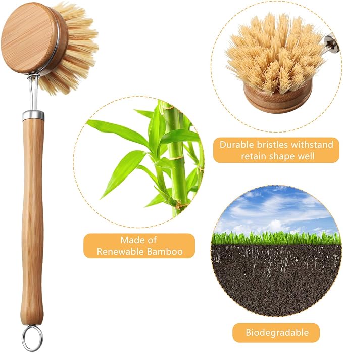 Patelai 8 Pieces Dish Brush with Wood Handle, Natural Dish Scrubber Brush Set Includes 7 Replacement Bristle Heads & 1 Bamboo Handle for Dishes, Pans, Pot, Fruit and Veggie