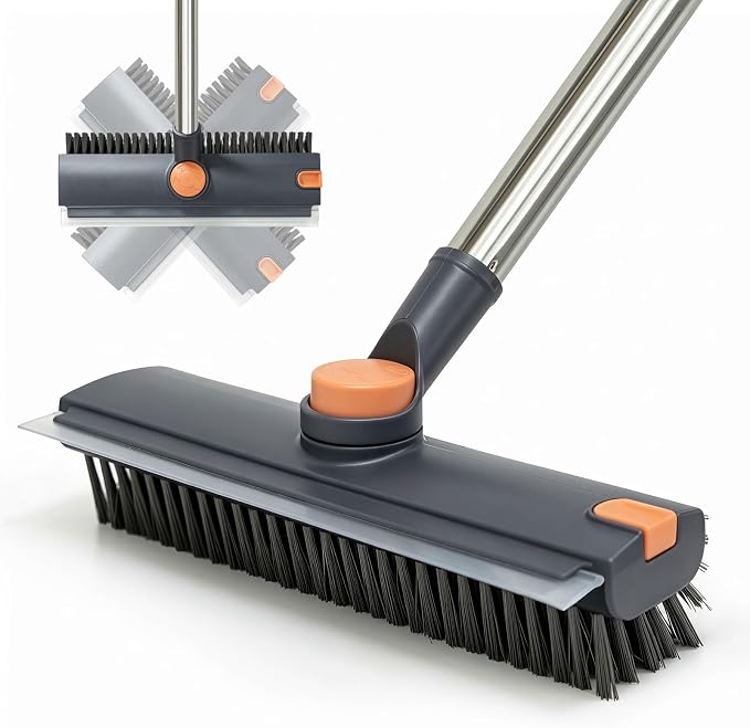 Masthome 3 in 1 Floor Scrub Brush with Long Handle 53.7" | Adjustable Heavy Duty Stiff Bristle Scrubber with Squeegee & Tweezer, 360° Rotating Head for Bathroom, Garage, Deck, Floors
