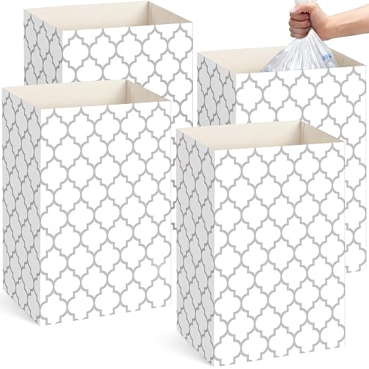 Domensi 4 Pcs 13 Gallon Disposable Trash Cans for Parties Gray White Grid | Foldable Cardboard Trash Cans, 15.75 x 11.81 x 9.84, Collapsible Garbage & Recycling Bins for Wedding, Events