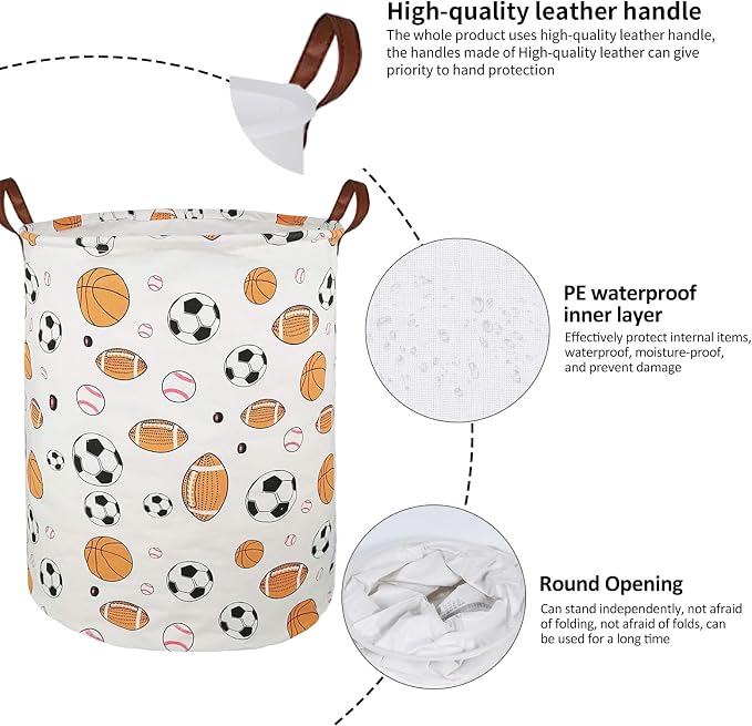 Collapsible Laundry Basket in Bedroom Waterproof Laundry Hamper in Bathroom Large Laundry Bag in College Dormitory Cloakroom Livingroom Nursery Organizer Toy Bin Football-008