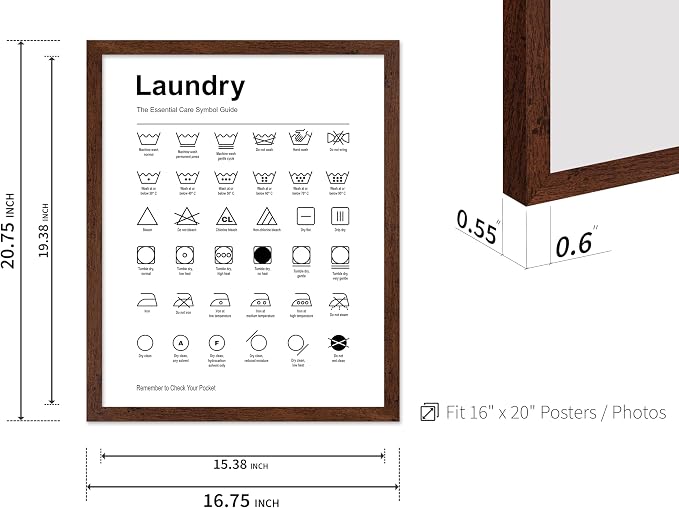 Poster Master 2-Piece Essential Guide for Laundry Print - Stain Removal Poster - Infographic Art - Black & White Design - Symbols & Instructions Art - Laundry Room Decor - 16x20 Brown Framed