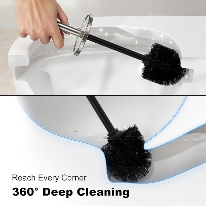 Metal Vertical Grain Toilet Bowl Brush and Holder Set Scrubber Nickel | Extra Long Handle with Splash Guard Cover, Bathroom Space-Saving, Heavy Durable Deep Cleaning, Cleaner Sets for Apartments