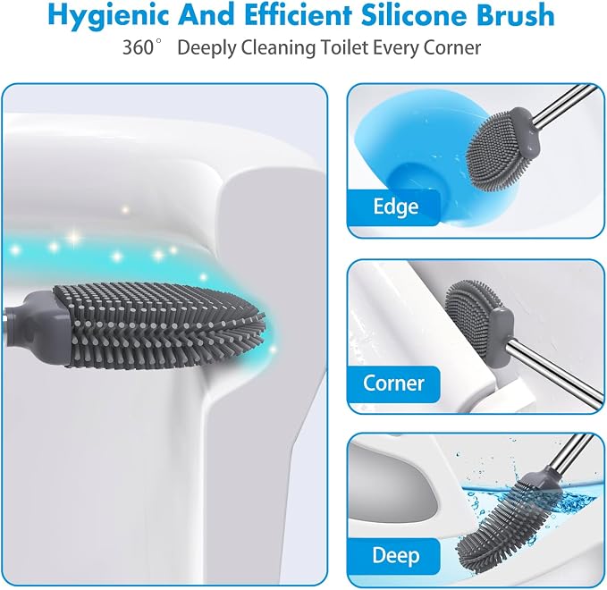 Silicone Toilet Brush and Holder, Flexible Bowl Brush Head with Ventilated Holder, Wall Mounted Compact Set for Bathroom Cleaning