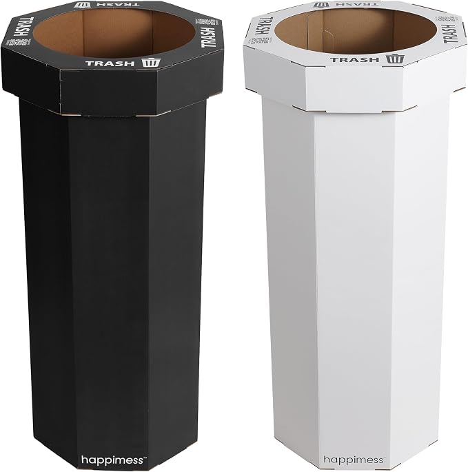 happimess Fleur 25 Gal Trash Can Bin, Charcoal Black/Cotton White, Set of 2 | Event Recycling, Traditional Classic Disposable Corrugated Cardboard, 32" Height, 16" Width, 16" Depth