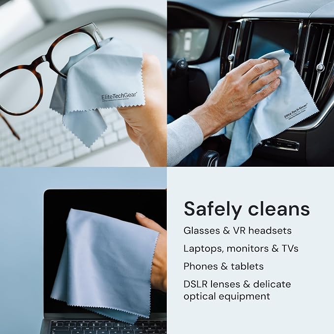 Elite Tech Gear Microfiber Cleaning Cloth, Eye Glasses Cleaner Cloth, 8pc | 12"x12" Large Lens Cleaning Cloths - Streak-free Eyeglass, Camera, Sunglasses & Screen Cleaning Cloth - Washable Wipes - Blue