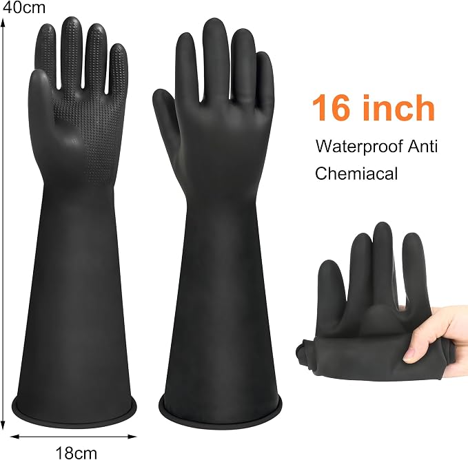 16" Chemical Resistant Gloves, Black Safety Work Heavy Duty Rubber Gloves | Long Waterproof Rubber Industrial Safety Glove for Cleaning, Gardeing,Dishwashing