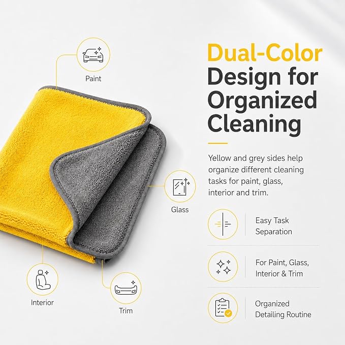 Microfiber Towels for Cars 12 Pack, 16" x 24" Yellow/Grey 500 GSM Professional Car Detailing Towels, Soft Stitched Edge Cloths for Washing, Polishing, Buffing, Glass & Interior
