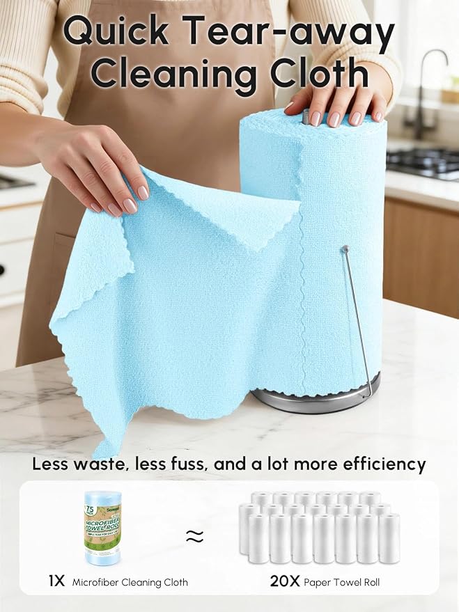 Microfiber Cleaning Cloths Roll 75 Pack 12x12 Inch Lint Free | Tear away design, lint free, washable, scratch free, ultra absorbent, for dish rags and household cleaning, blue color