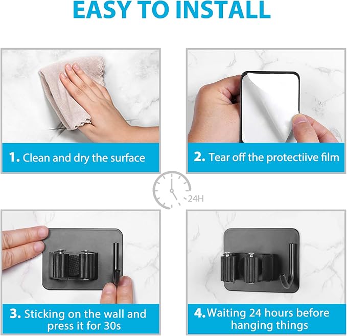 homeasy Broom Holder Wall Mount 4Pcs, Self Adhesive Mop Broom Hanger Black | Self adhesive stainless steel broom organizer with 4 hooks, holds mops, brooms and garden tools without drilling