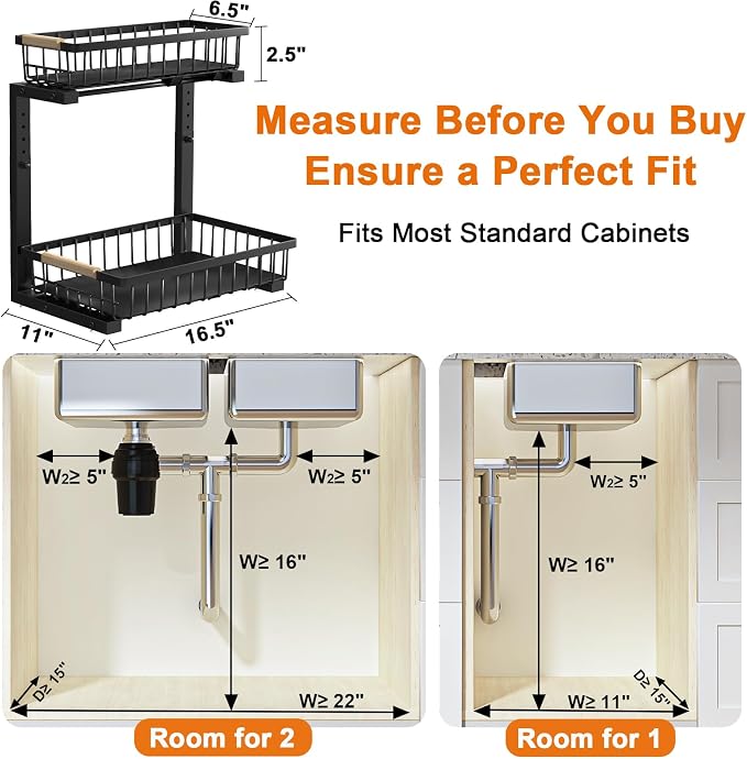 REALINN Under Sink Organizer, Adjustable 2 Tier Pull Out Kitchen Bathroom | cabinet organizer, 5 level adjustable, quiet sliding rails, dual suction and nano tape, no drill, rust resistant holds 50 lbs