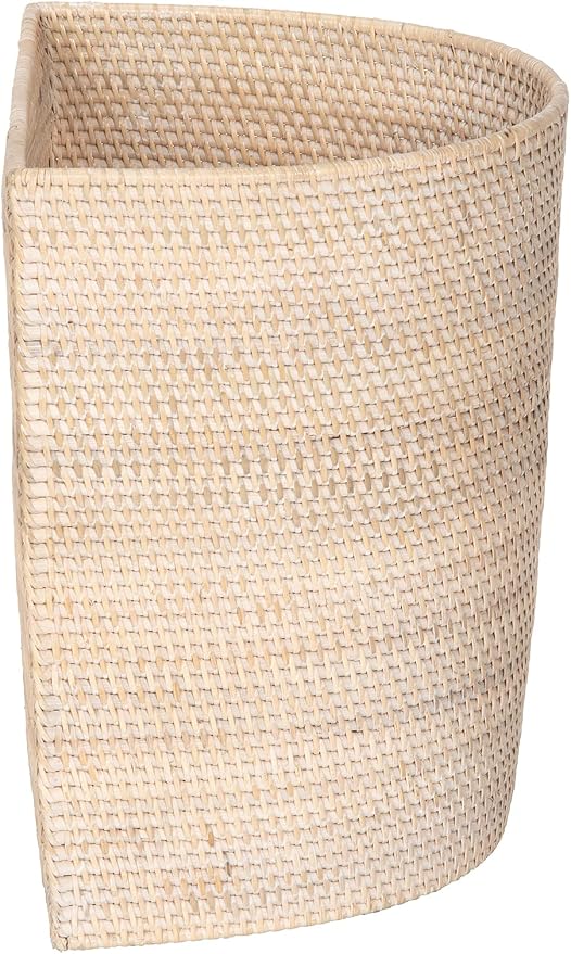 KOUBOO Half-Moon Rattan Waste Basket, Wicker Trash Can, Off White/Latte Bin | Handwoven natural texture, space-saving shape, lightweight construction, ideal for paper and dry household waste
