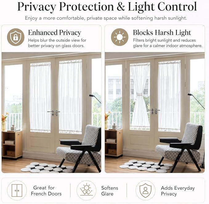Aquazolax Pure White Sheer Window Treatments for French Door, Rod Pocket Light Filtering Curtain Panel Set of 2 for Privacy/Room Divider - W54 x L72