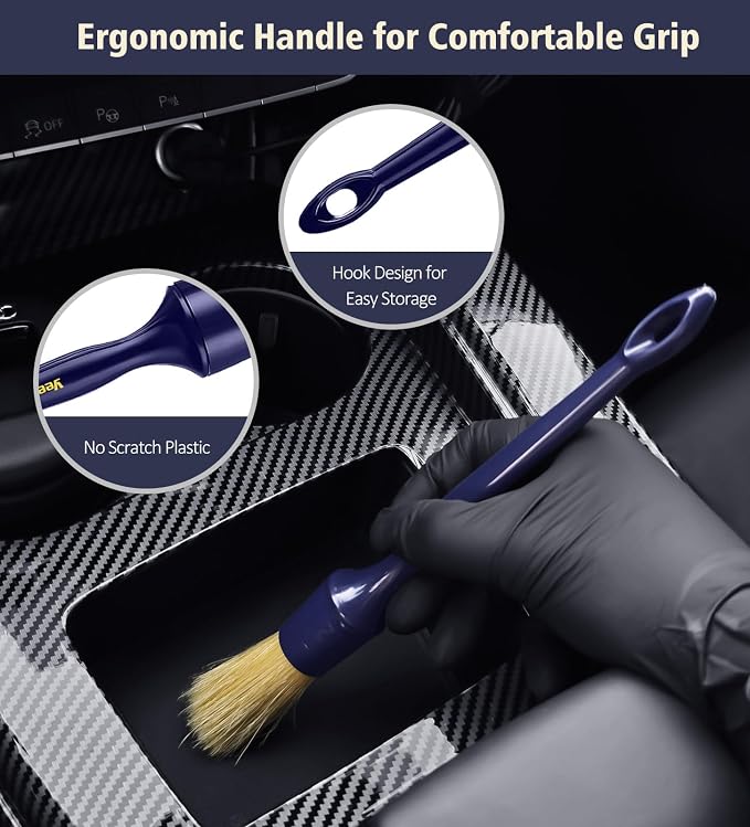 YeewayVeh 3PCS Car Detailing Brush Set, Boars Hair Bristles Brushes, Indigo | 3 Sizes Detail Brushes for Dashboard, Air Vents, Leather Seat & Dusting, Interior/Exterior Car Detailing