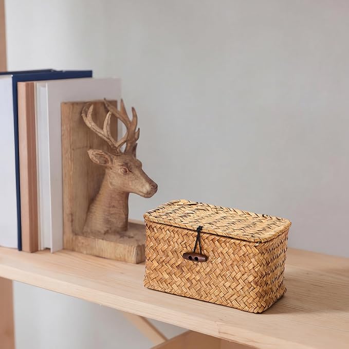 Hipiwe Seagrass Basket Key Holder Box for Entryway Tabletop Desk Organizer with Lid Handwoven Wicker Storage Bin for Hair Ties Candy, Whitewash 6.1" x 4" x 3.3"