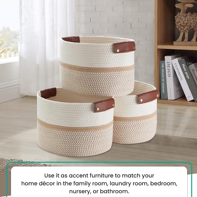 3 Pack Woven Cotton Rope Storage Basket, 15x10x9, White/Brown | Faux Leather Handles; Decorative Closet Shelf Organizer; Ideal for Storage & Organization