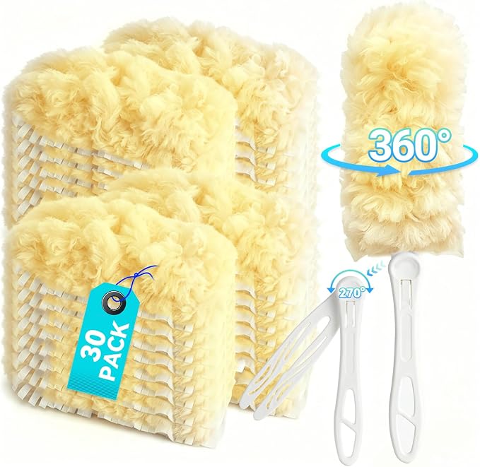 30 Count Yellow Duster Refills for Swiffer Duster Kit with 1 Handle | 2 Sided 360° Heavy Duty Duster, 5X Microfibers, Unscented Disposable Dusters for Cleaning Home, Office, Multi Surface