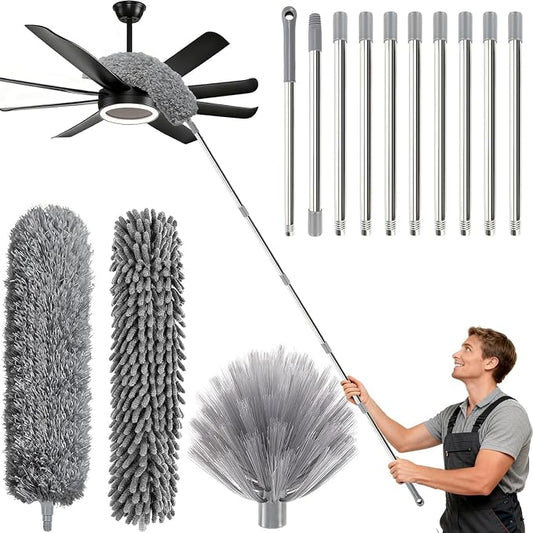 20FT Long Duster for High Ceilings, 3.4-14FT Cobweb Duster with Extension Pole, High Reach Duster Kit with Washable Head for Cleaning Ceiling Fans, Ceilings, Cobwebs