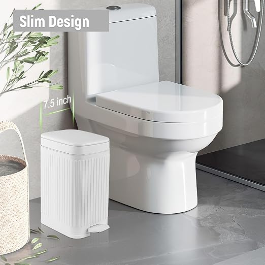 Small Bathroom Trash Can with Lid, 1.9 Gallon Slim Soft Close Step, White | Garbage Can with Pedal for Office, Bedroom, Kitchen & Living Room, Narrow Plastic Wastebasket Container for Small Spaces