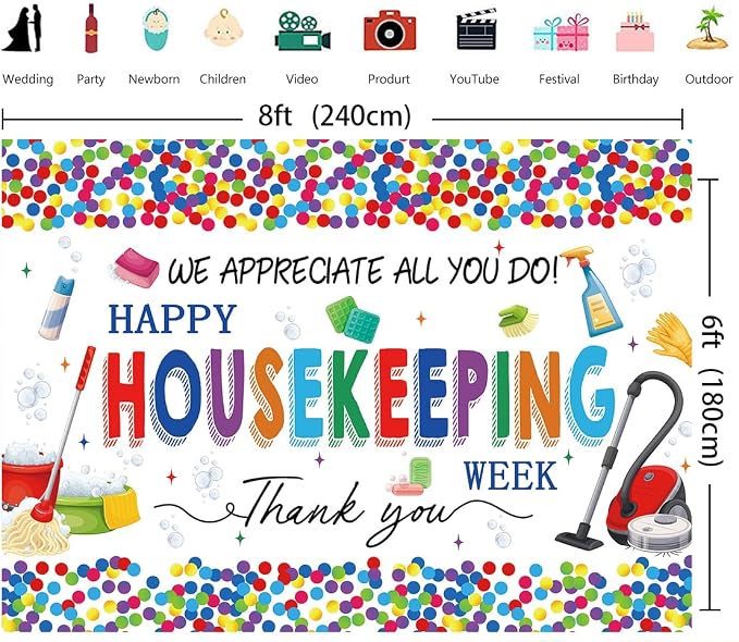 Happy Housekeeping Week Banner Backdrop 8x6FT Thank You Cleaning Staff Background for Housekeeper Appreciation, Environmental Services Week Party Decorations Photo Props