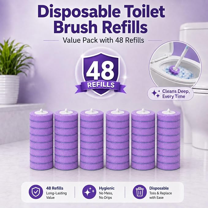 48 Count Disposable Toilet Brush Refill Heads, KZKR Toilet Wand Refills | Upgraded 4-Layer Toilet Cleaner Refill Pads for Bathroom Cleaning Supplies, Bulk Economy Pack, Light Lavender Scent
