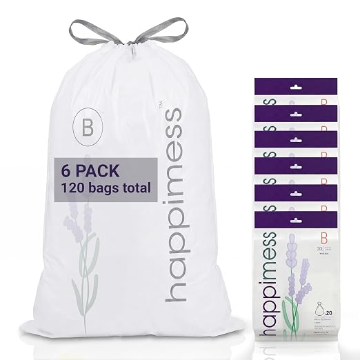 happimess 20-Count Lavender Scented 5.3 Gal Trash Bags, White, Pack of 6 | Kitchen Can Liners, Drawstring, Heavy Duty MDPE Plastic, Tear-Resistant, Recyclable, Custom Fit, Odor Control