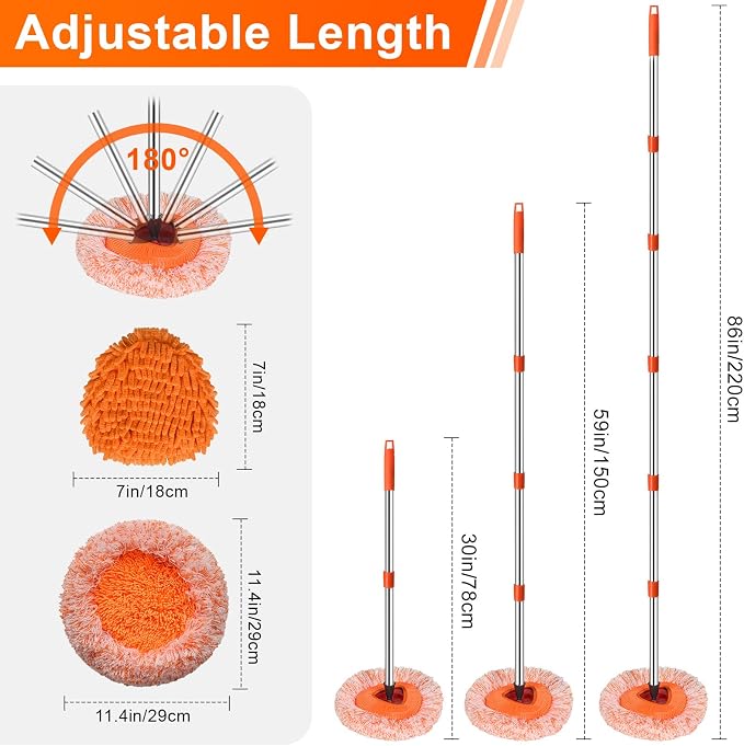 Wall Mop Set, 4 Mop Head + 87”Handle Dust Mop for Ceiling,Baseboard & Floor | Baseboard Cleaner Tool with Handle,360°Rotating Wall Cleaning Baseboard Tool,Wall Cleaner Mop for Ceiling Fan Cleaner Duster