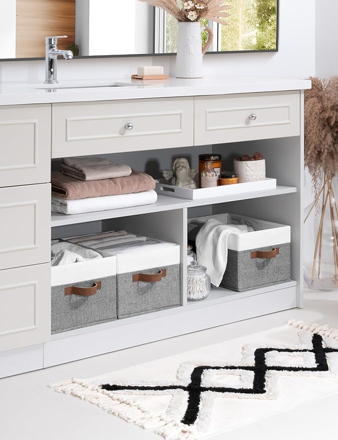 StorageWorks Closet Storage Bins, Gray&White, Large, 3-Pack | Fabric Shelf Baskets, Closet Organizers and Storage Basket, Foldable Storage Bins for Shelves, Clothes Storage Bins