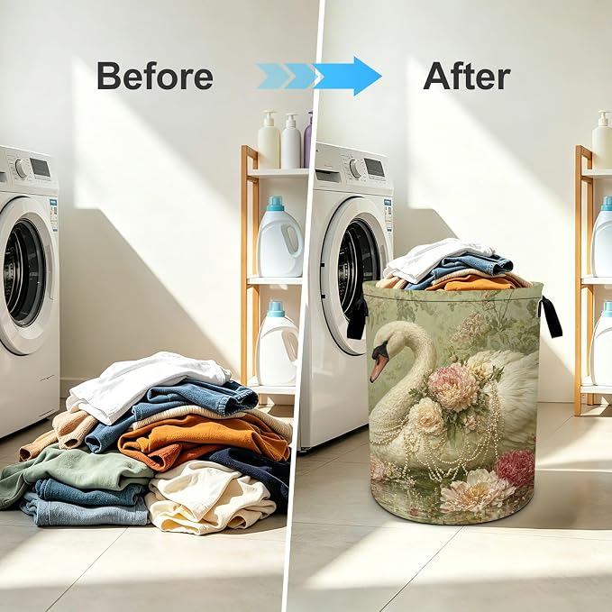 Swan Laundry Basket Foldable Oxford Laundry Hamper With Handle For Room Bathroom Bedroom