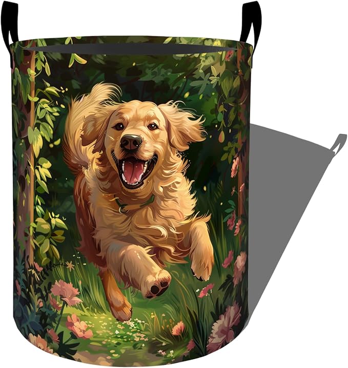 Energetic Running Golden Retriever Laundry Basket with Handles, 19.7"x15.7" Clothes Foldable Laundry Hamper Organizer for Dorm Nursery Bedroom Bathroom Decor, Toy Storage Bin for Kids