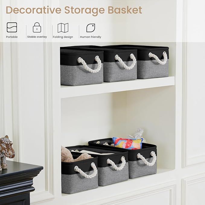 11.8x7.9x5.2 Inch Fabric Small Storage Bins with Handles 3 Pack | Foldable Storage Basket, Sturdy Metal Strand, Cardboard Support Molding, Small Baskets for Organizing, Shelves, Black/Gray
