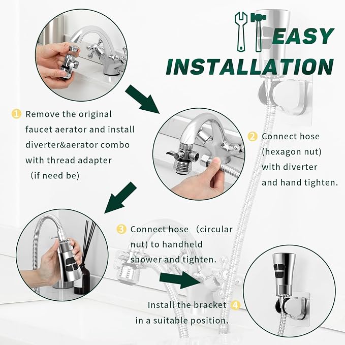 CECEFIN Kitchen Faucet Hose Attachment, 4-Mode ON/Off Spray Head w/Filter | 4.9Ft Stainless Steel Hose, Water Saving Aerator w/ 3-Way Diverter Valve, for Laundry/Bathroom Sink Hair Washing Pet Shower