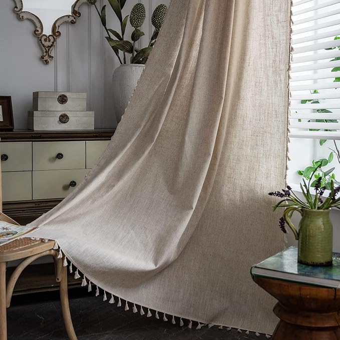 Sutuo Home Boho Curtain for Farmhouse Bedroom, Natural Linen Look Textured Burlap Rod Pocket Chic Light Filtering Bohemian Handmade Tassels Window Treatment for Living Room, 1 Panel 59" W x 108" L