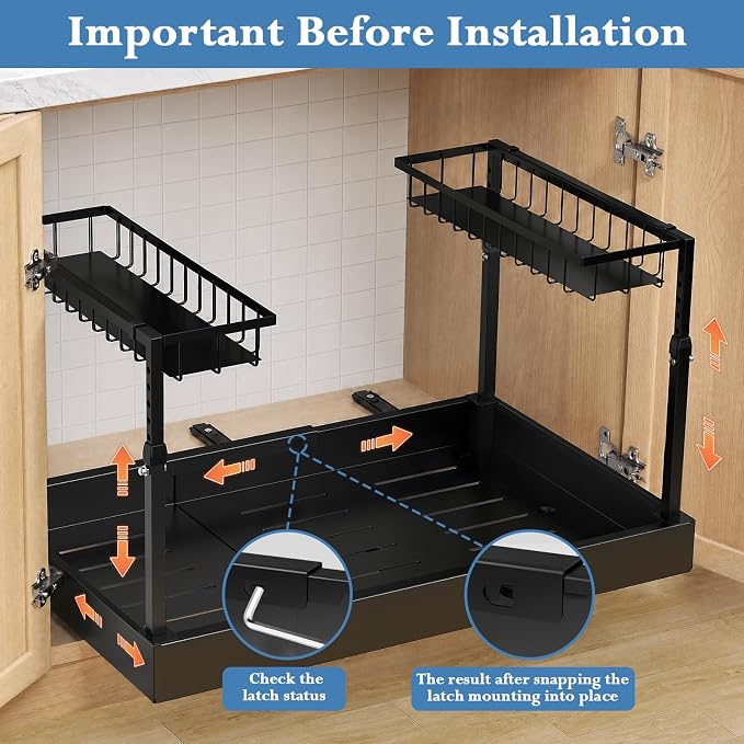 Under Sink Organizer, 2-Tier Slide Out kitchen Storage Metal Shelf, Black | 16.7″ To 29.1″ Pull Out Kitchen Storage Cabinet Organizer, Or Bathroom Laundry Kitchen Storage, Multi-Use Bathroom Storage
