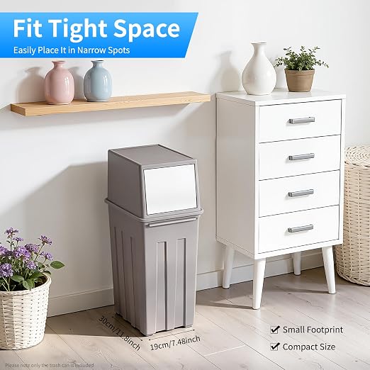 8-Gallon/30L Slim Trash Can with Lid, Modern Kitchen & Office Tall & Narrow Garbage Bin, Odor-Proof Large Capacity, Flap Cover for Home, Bathroom, Outdoor (Grey)