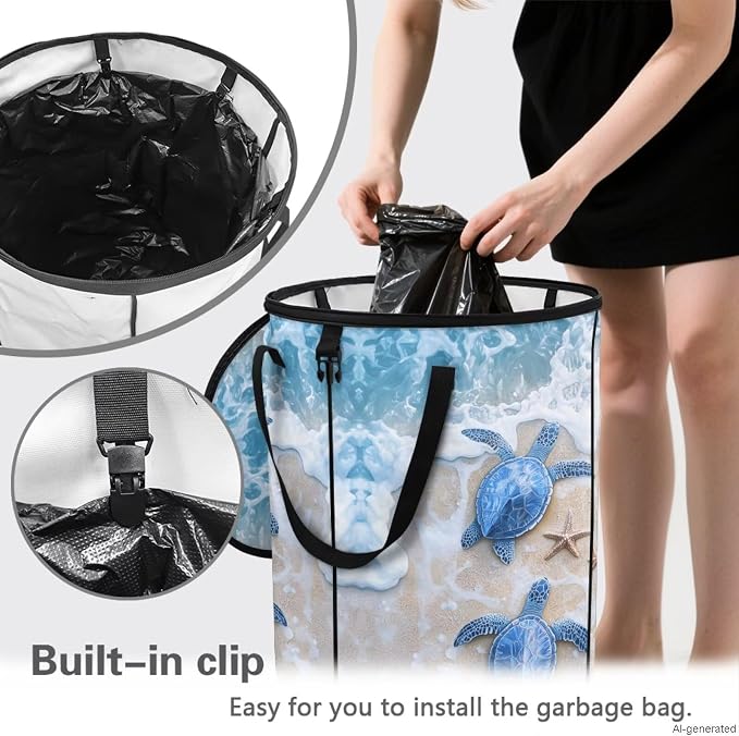 Beach Turtle Collapsible Trash Can – Portable Foldable Garbage Bin for Camping, Picnic, Beach Trips, Heavy Duty 24 Gallon Waterproof Outdoor Trash Bag Holder with Carry Handle