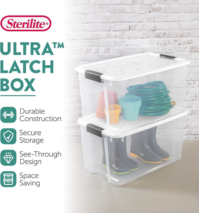 Sterilite 70 Qt Ultra™ Latch Box, Durable Clear Storage Bin w/ Lid, 6 Pack