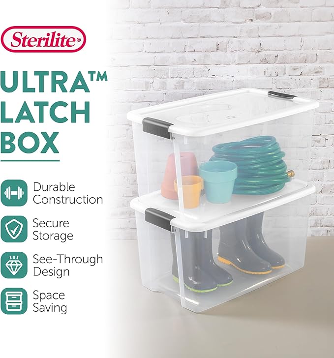 Sterilite Ultra Latch Box with Lids for Home and Office, 70 Quart, 12-Pack | Heavy-Duty and Stackable Plastic Containers with Latches for Closet, Cabinet, Bedroom, Bathroom and Dorm Room Organization