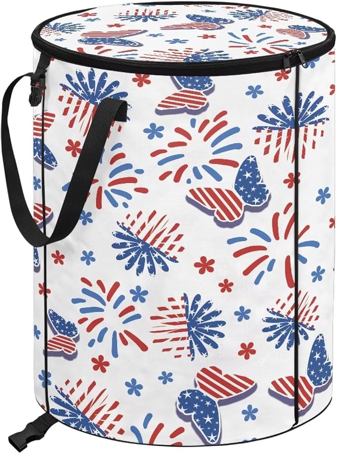 American Flag Butterfly 24 Gallon Collapsible Trash Can Waterproof Outdoor Garbage Can with Lid and Handles for Patio Yard Garden Waste Leaf Reusable Pop-Up Trash Bag