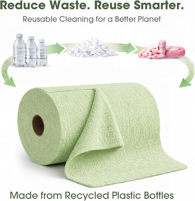 Reusable Microfiber Cloth Roll - 100 Pack, 12"x12" Washable Tear-Away Towels. Fits Paper Towel Holders. Lint-Free & Streak-Free Rags for Kitchen, Glass, Cars, Electronics (Pea Green)
