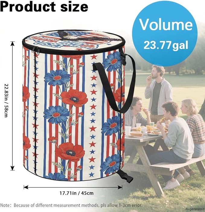 American Eagle Collapsible Trash Can for Outdoor – Heavy Duty Foldable Garbage Bin with Lid, 24 Gallon Waterproof Trash Bag Holder for Camping, RV Travel, Tailgating, Patriotic Decor