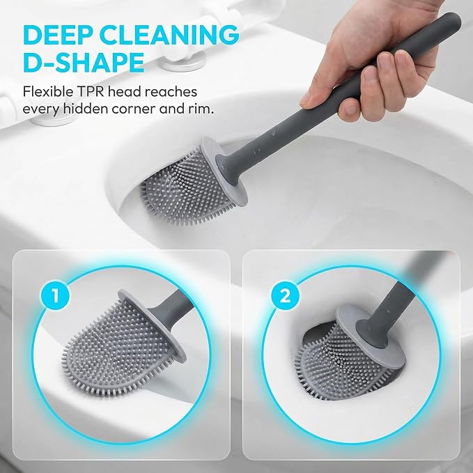 RV Silicone Toilet Brush with Holder, Drill-Free Wall Mounted Toilet Bowl Cleaner, Anti-Drip Anti-Roll Compact Brush for RV Camper & Small Bathroom (Black)