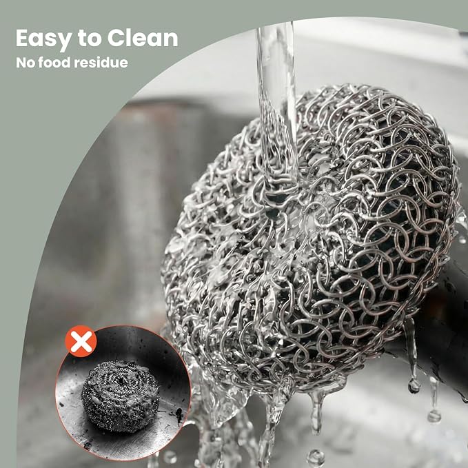 Cast Iron Scrubber with Long Handle Dish Scouring Pad Chainmail Cleaner | 316 Cast Iron Scrubber for Pan Skillet, Dishwasher Safe Cleaning Kit (Black, 1 Scrubber + 1 Scraper)