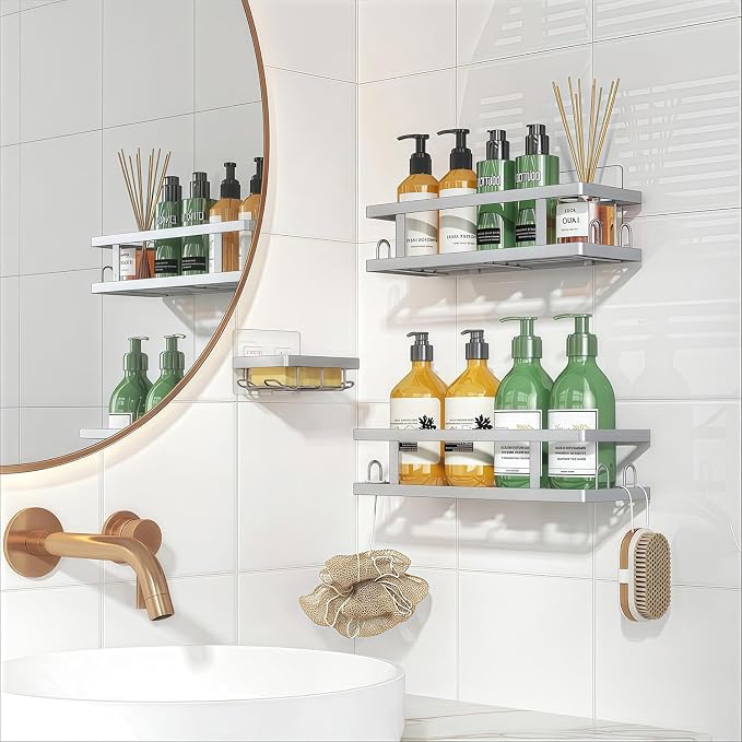 Youvip Adhesive Shower Caddy, Silver, 3 Pack | Shower Shelves, Soap Holder, 12 Hooks, Rustproof No Drilling, Bathroom Organizer and Storage