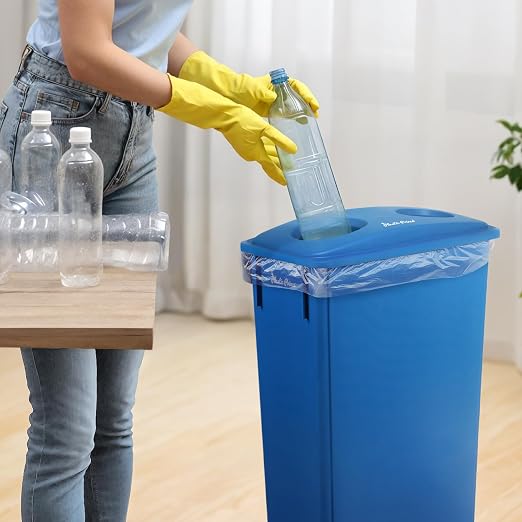 PLASTIC PRINCE 23 Gallon Slim Trash Can with Recycling Lid for Bottles and Cans, Blue Commercial Rectangular Garbage Can, Waste Bin for Home Kitchen Office Cabinet