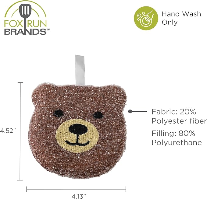 Fox Run Woodland Animal Sponge Set, Non-Abrasive Fox, Owl & Bear Scrubbers | Easily Clean Plates, Pots & Glasses | Dish Sponges For Nonstick Pans | Cute Kitchen Décor | Reusable Animal Scrub Sponge Set