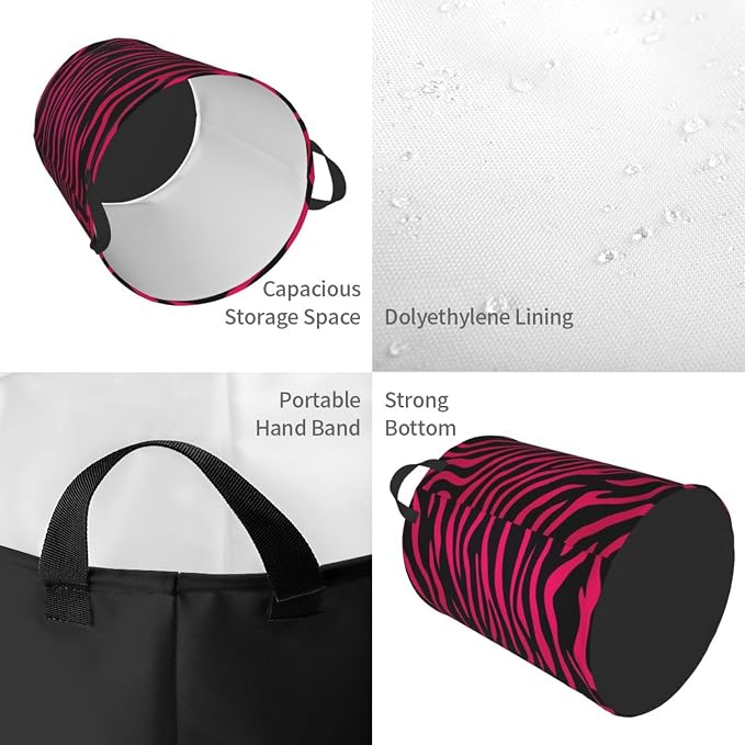 Foldable Laundry Basket Hot Pink Black Zebra Print Portable Laundry Hamper Large Dirty Clothes Basket For Baby Kids Nursery Toy Bin With Handles For Bathroom Dorm