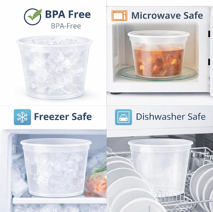 64 oz [8-Pack] BPA Free Microwavable Plastic Deli Containers with Lids | Leak-resistant, stackable and freezer-safe design keeps soups, leftovers and large portions fresh
