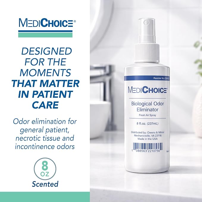 MediChoice Biological Odor Eliminator Spray, 8 Oz Fresh Scent Pump Bottle - Dye Free, Quick Drying, Ideal for Fabric, Skin, Hair - Odor Neutralizer for Home, Hospital, Health Care Clinic
