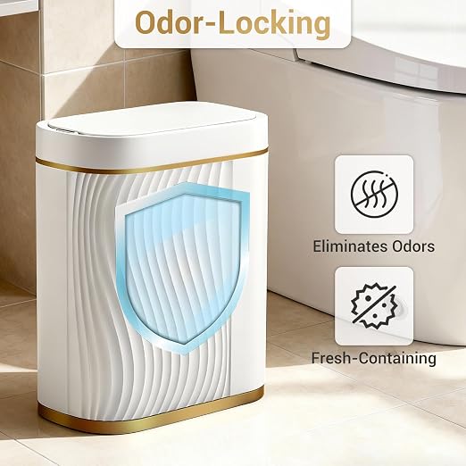 FreSup Motion Sensor Bathroom Trash Can with Lid, Automatic Small Trash Bin | IPX5 Waterproof, Aesthetic, Whisper Quiet, Slim Garbage Can for Bedroom, Restroom, Office, Smart White and Gold WasteBasket